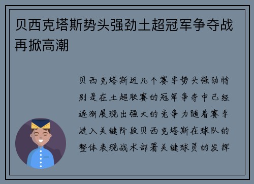 贝西克塔斯势头强劲土超冠军争夺战再掀高潮